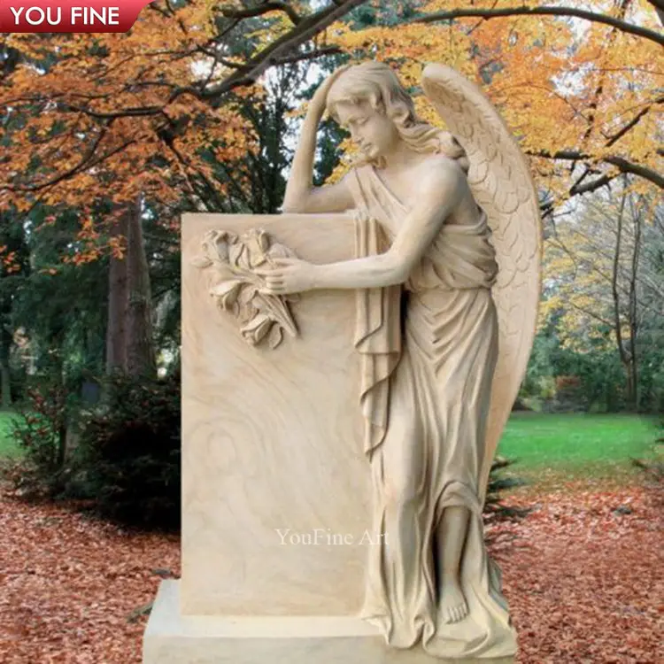 Custom Outdoor Yellow Granite Marble Angel Statue Tombstone and Monument Prices for Sale