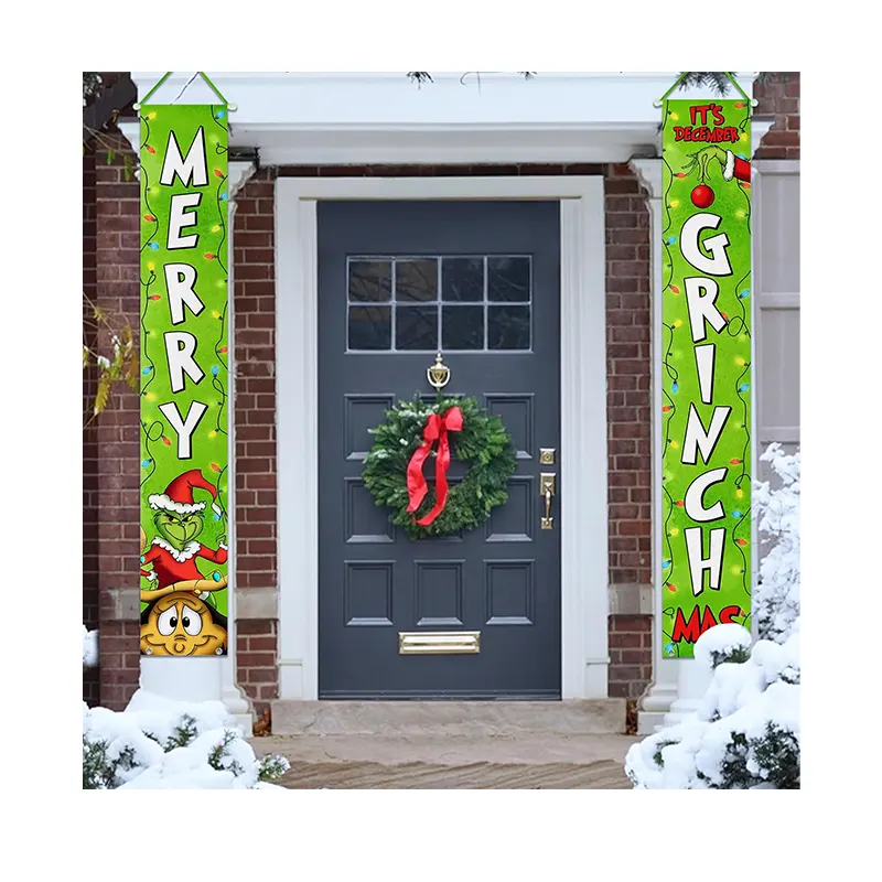 December Seasonal Holiday Party Green Front Door Decorative Hanging Welcome Banner Flag Merry Christmas Porch Banner Sign