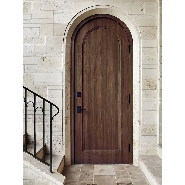 Puerta de entrada principal de madera arqueada exterior de la casa, diseño personalizado, puertas de entrada de arco de madera doble para exteriores