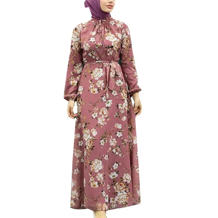 2023 Großhandel Pink Floral Chiffon Print Langarm Dubai Abaya Großhandel Ethnische Muslim Maxi kleid