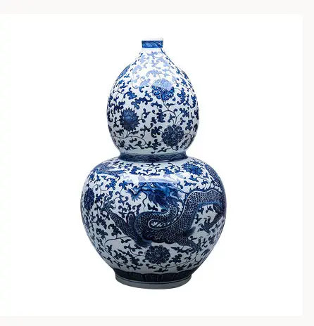 Jarrón con forma de calabaza con diseño de dragón azul y blanco de porcelana antigua pintado a mano chino, jarrón de porcelana decorativo con una altura