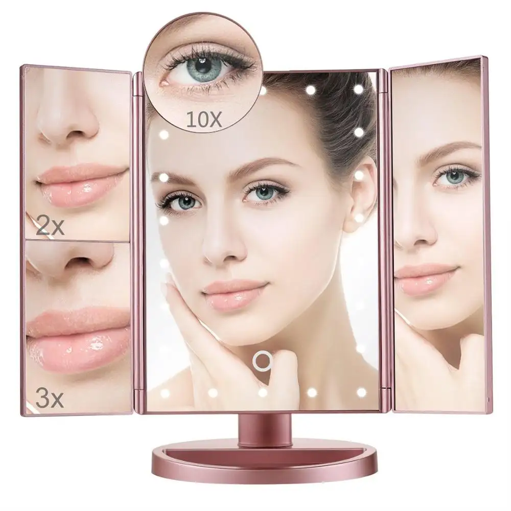 Makeup Mirror with 22 Lights LED Table Desktop Makeup 1X/2X/3X/10X Magnifying Mirrors 3 Folding Adjustable Mirror Touch Screen
