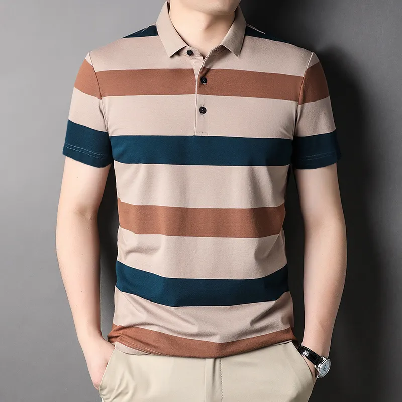 Мужская рубашка-поло, мужская рубашка для гольфа с пуговицами, одежда в деловом стиле, Мужская Уличная одежда с коротким рукавом, футболка с принтом в полоску, лето