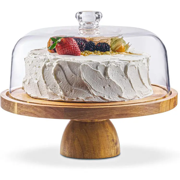 Cam kubbe kapaklı ahşap döner düğün pastası standı düğün pastası için yuvarlak servis tepsisi suşi kek standları