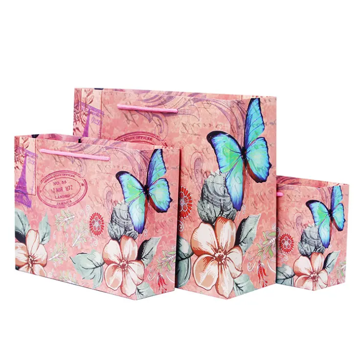 Bolsa de papel de presente portátil para casamento, borboletas e flores, saco de papel de luxo, embalagem para festa de aniversário