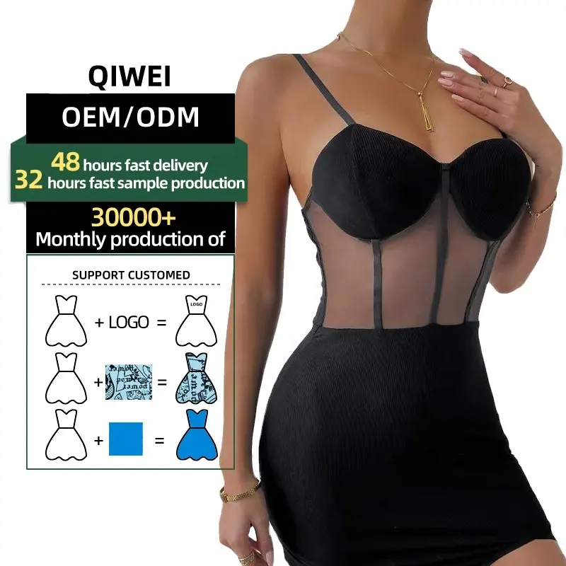 ODM/OEM Preto sem mangas fenda mini vestido halter malha espartilho casual Bodycon vestidos de noite