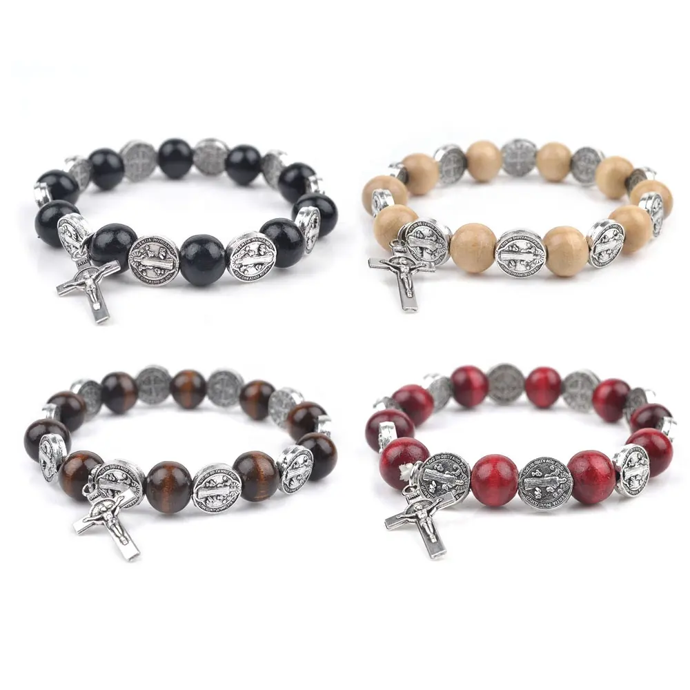 Cuentas de madera de 10mm hechas a mano con cuentas de aleación de San Benito, cuerda elástica, pulsera elástica para hombres y mujeres