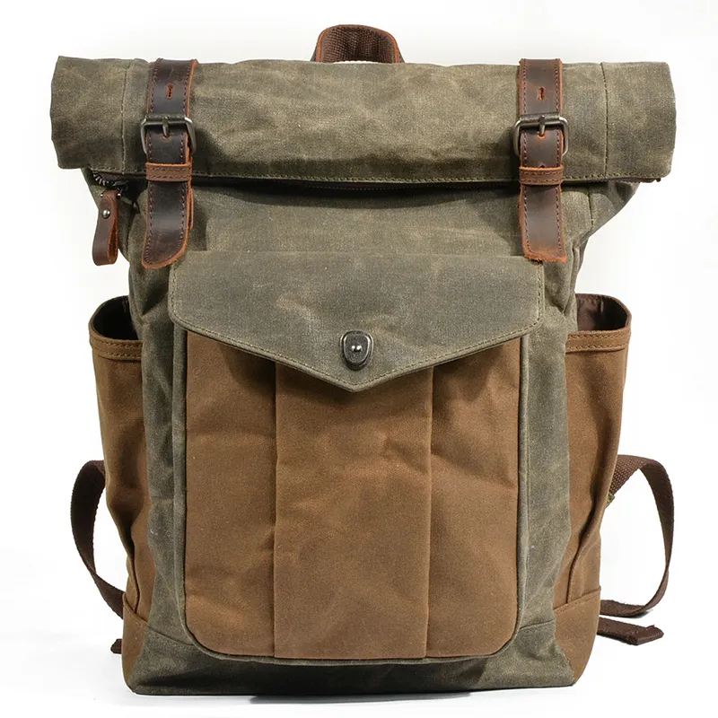 HZAILU กระเป๋าเป้ผ้าใบแบบแว็กซ์สำหรับผู้ชาย,กระเป๋าสำหรับผู้ชายสีเขียวทหารใช้กลางแจ้ง