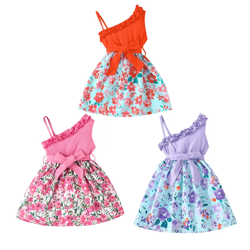 Fuyu Venta al por mayor Bebé Niñas Niños Sin mangas Volantes Estampado floral Vestido de verano Moda Casual Niño Vestido caliente