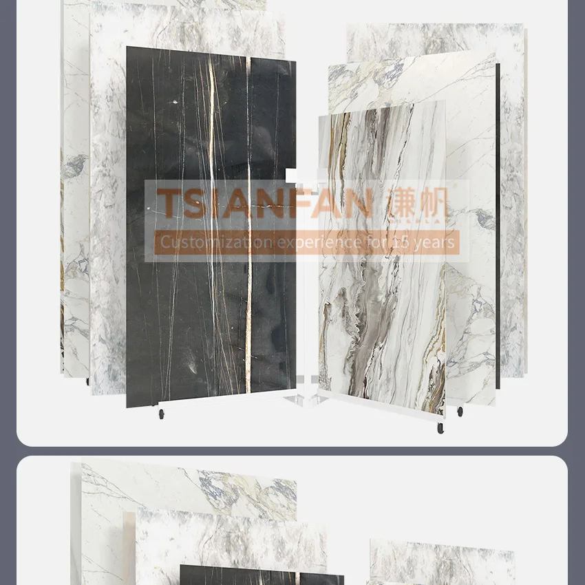 Tsianfan Showroom Rotating Floor Sample Book Display Marble Tile Stand With Wheel Page Turning Circular Large Stone Display Rack