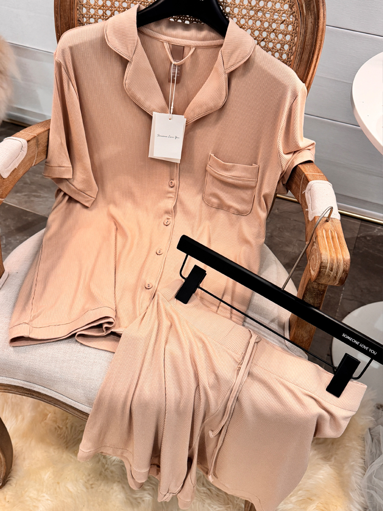 Ocher colored short sleeved shorts