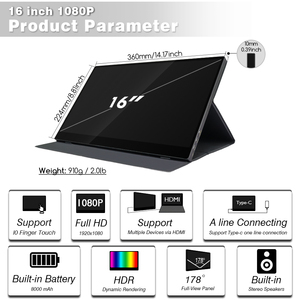 Supporto da 16 pollici 1080p montaggio a parete monitor portatile di tipo c gioco touch screen full hd batteria integrata estensore dello schermo del laptop