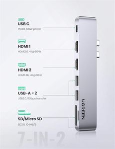 UGREEN USB C to <strong>Dual</strong>-<strong>HDMI</strong> Adapter 7 in 1 USB C Thunderbolt 3 Adapter to <strong>Dual</strong> <strong>HDMI</strong> 2 USB3.0 100W PD Port USB C to SD TF Card