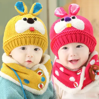 ファッション冬の暖かい男の子の女の子の帽子とスカーフセット赤ちゃんの冬のキャップウサギニットビーニーボンネット子供の首のための暖かい帽子