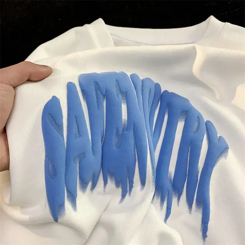100% pamuk yuvarlak boyun 3D puf baskı t shirt beyaz düz artı boyutu köpük baskı ağır lüks T Shirt organik pamuk t-shirt