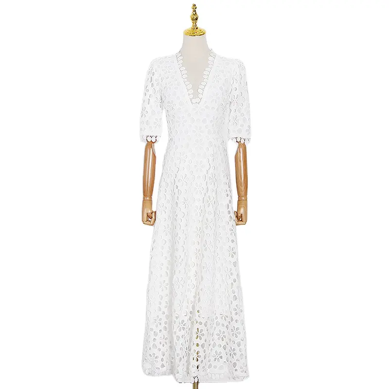 White Women Elegant lace Wedding Dresses Deep V Buttons Floral Jacquard Bottom Long Lace Dress