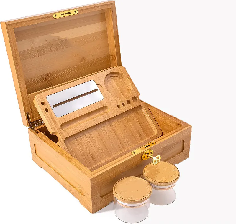 Benutzer definierte Bambus Holz Kräuter Stash Box mit Rolling Tray Aufbewahrung behälter für Store Smoking Zubehör Grinder Pipe Papers