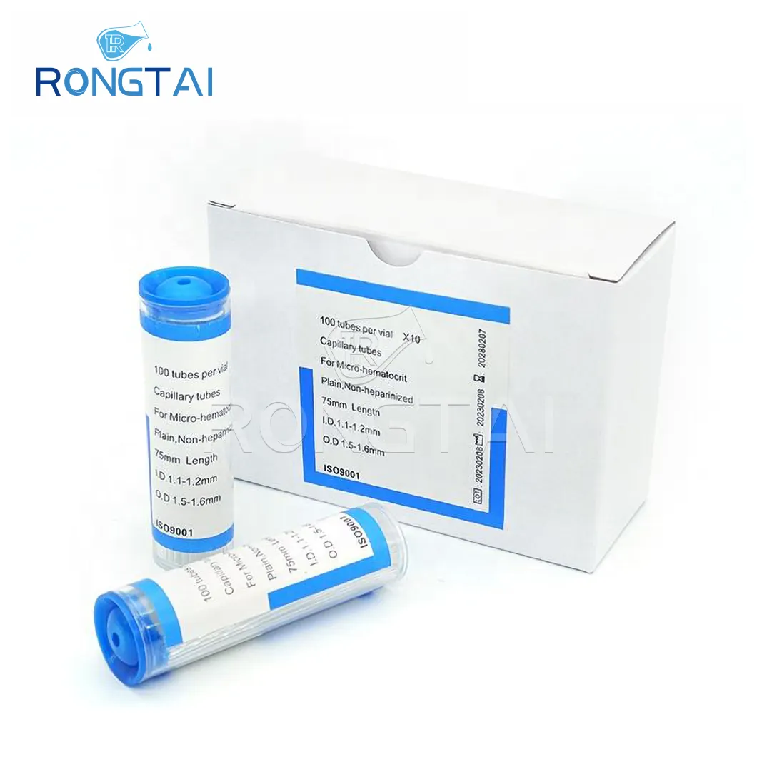 Rongtai LAB gran oferta 75mm hematocrito capilar tubo de recolección de sangre de vidrio tubo capilar heparinizado para muestreo