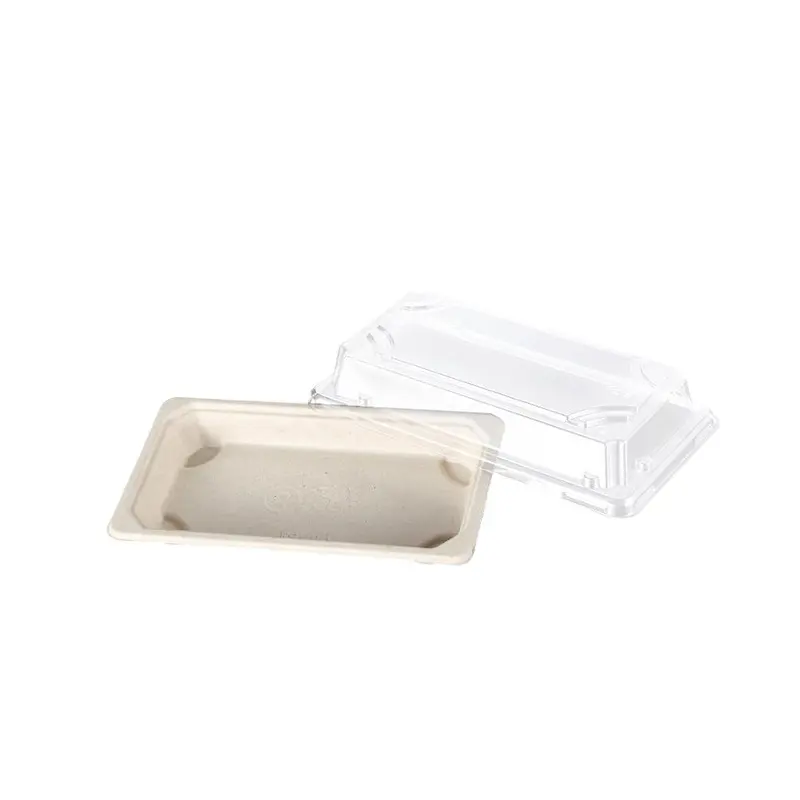 Rectangular Biodegradable To-go Restaurant Disposable Food Pulp Tray anti Fog Lid Sushi Packing