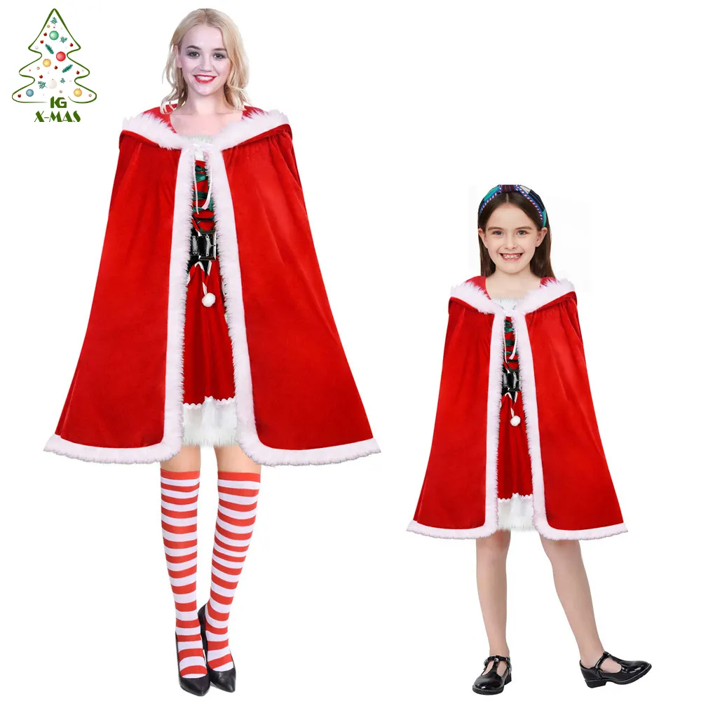 KG Dekorasi Natal Noel Navidad Natale Tersedia Jubah Natal Bertudung Beludru Merah Kostum Cosplay Natal Mewah untuk Wanita
