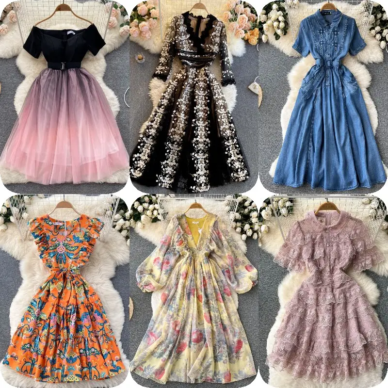 Factory hot tea break French square collar bubble sleeve dress summer female lace-up vita chiusa irregolare lotus edge fairy