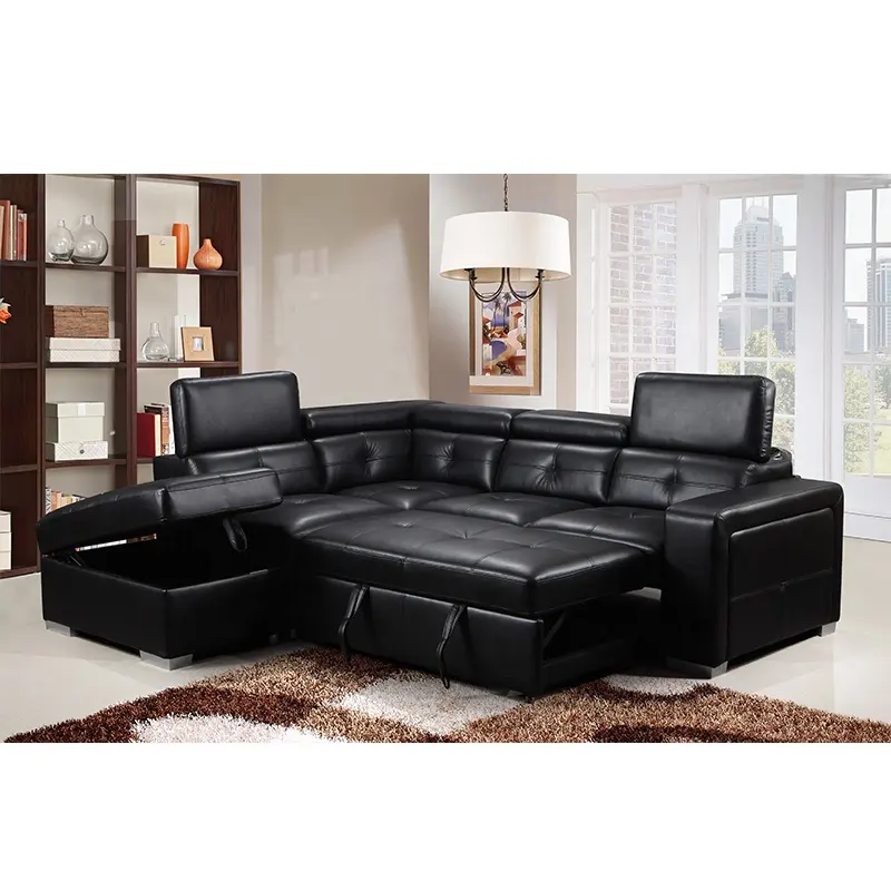 Upholstery black air leather living room sofa 5 seats+ ottoman adjustable headrest sofa bed with storage