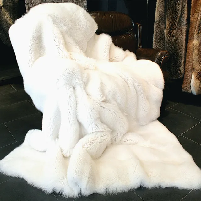 wholesale high quality acrylic faux fur blanket throw white fox real