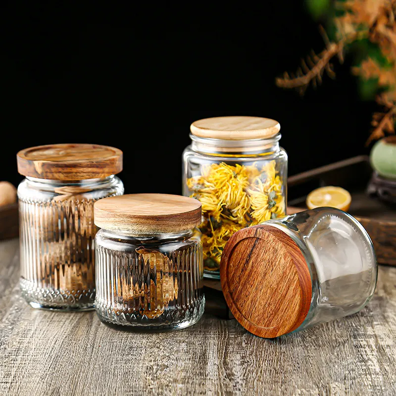 Top seller 500ml clear round vintage ribbed airtight kitchen food spice container bottle pot set glass storage jar with lid