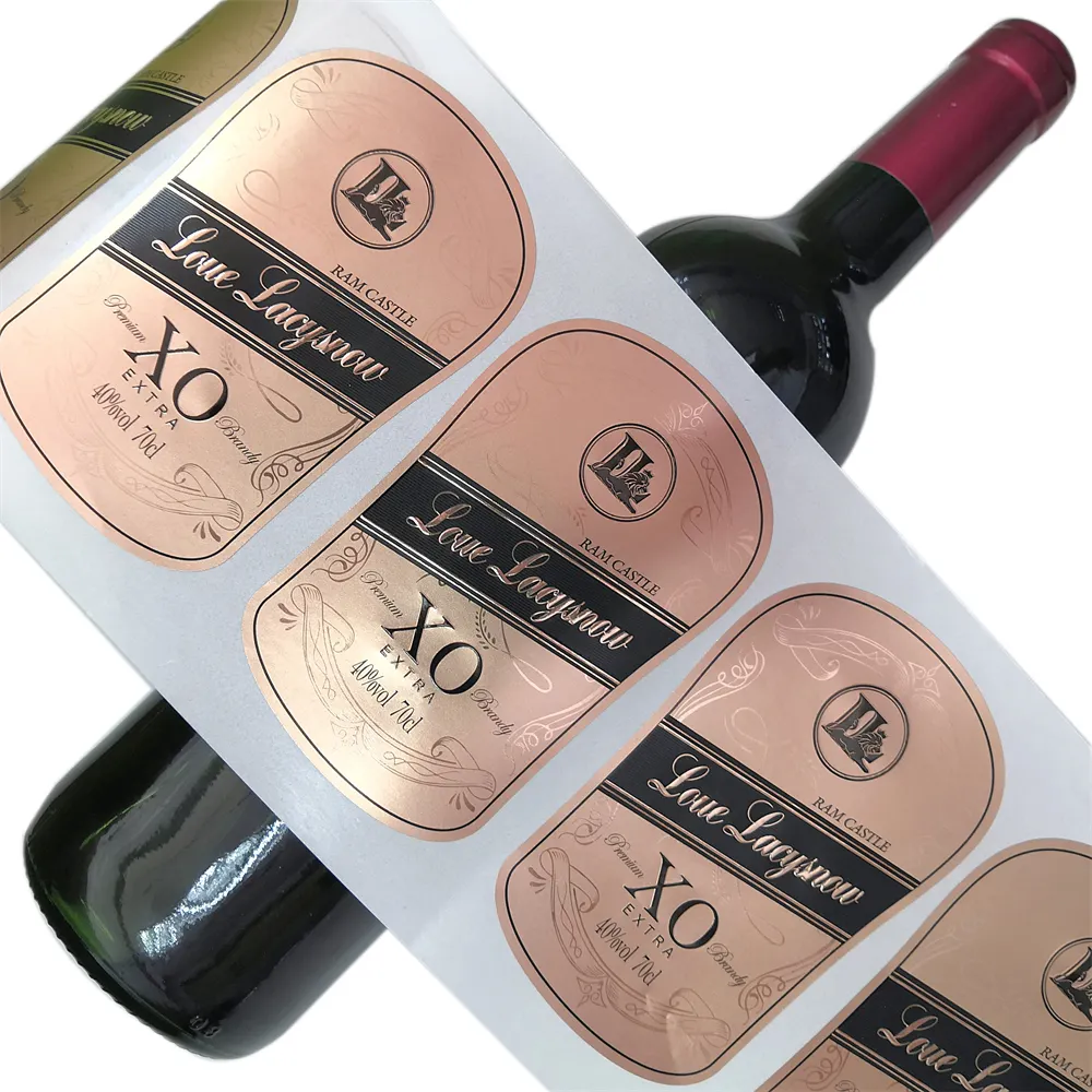 Logotipo de rolo de atacado de fábrica impresso em folha de alumínio de metal extravagante texturizado e etiqueta de vinho tinto de papel para garrafa de vidro