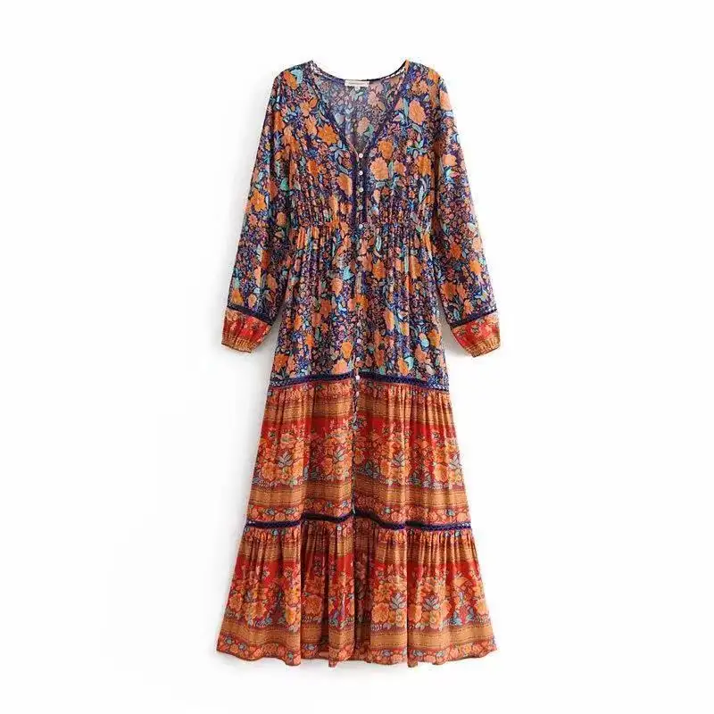 Türk Bohemian baskı uzun kollu egzotik tarzı sahte elbise tay etnik elbise
