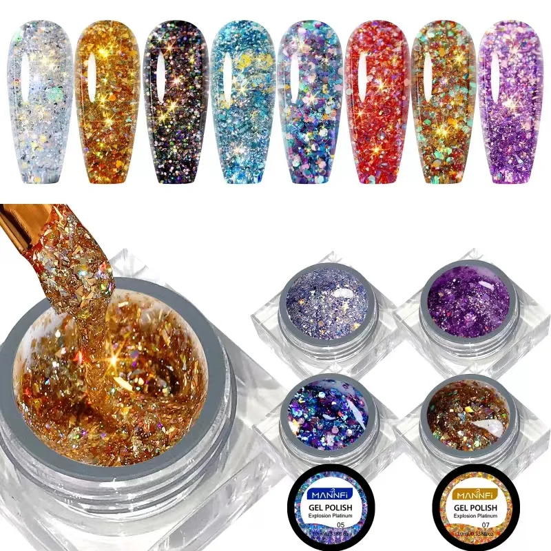 MANNFI Fournisseur professionnel Kit 8 couleurs Soak Off UV Haute Densité Réfléchissant Paillettes Gel Vernis à Ongles Set Gel Explosion