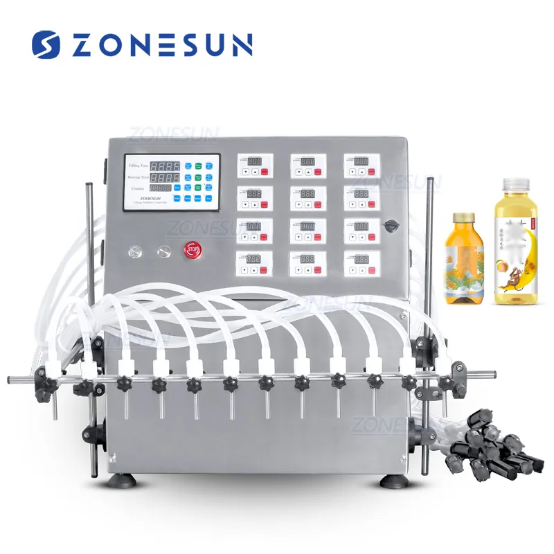 ZONESUN ZS-DPYT12P 12 رؤساء شبه التلقائي مضخة الحجاب الحاجز السائل عصير ماكينة تعبئة زجاجات