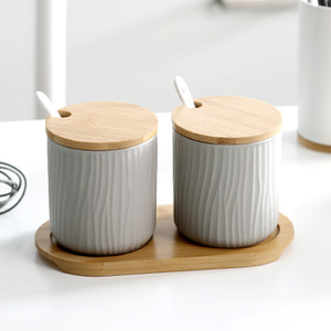 Modern Matte Color Kitchen Set <strong>2</strong> Ceramic <strong>Spice</strong> <strong>Jars</strong> With Covered Spoon and Tray Solid <strong>Spice</strong> <strong>Jar</strong> - Product Image 1
