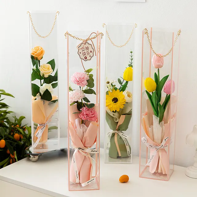 Confezione di bouquet all'ingrosso borsa di plastica per il trasporto borsa di fiori regalo quadrata impermeabile con finestra trasparente con manico