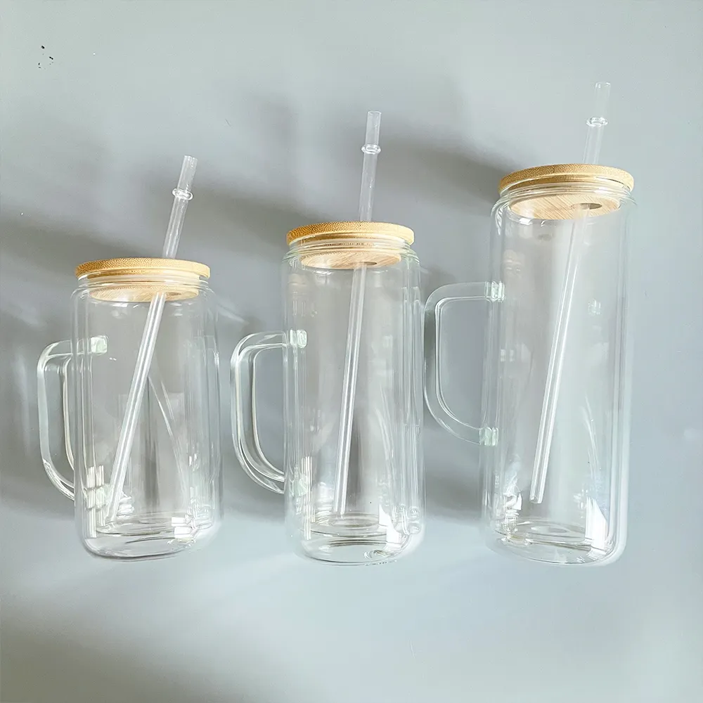 Tasses en verre à double paroi de 12oz 15oz 20oz verre boule à neige pré-percé pouvant contenir des verres à canette de bière à paillettes de 5mm avec poignée pour Gittler