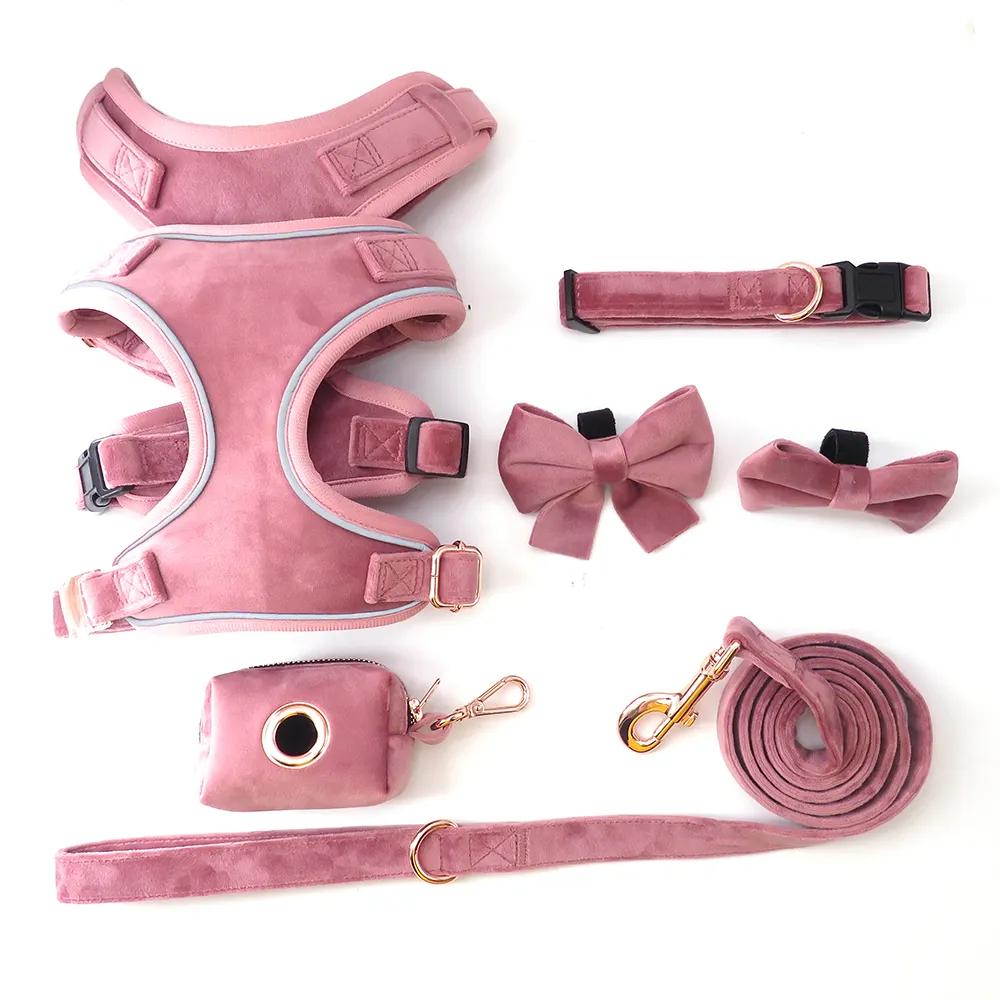 High Quality Soft No Pull Pet Adjustable Velvet Dog Harness With Poop Bag Holder Set Valentine's Dog Car Harness 2024