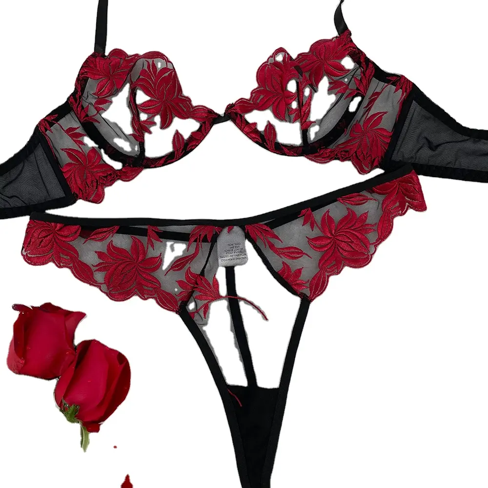 Satış promosyonu kızlar güzel güzel nakış kırmızı çiçek seksi Nighty iç çamaşırı seti