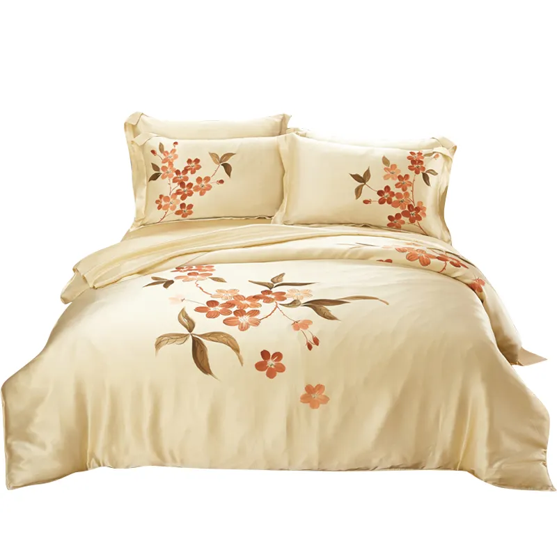 Cama de linho e duvet bordada, jogo de cama super macio e seda com estampa, bordado, extra grande, 100% seda