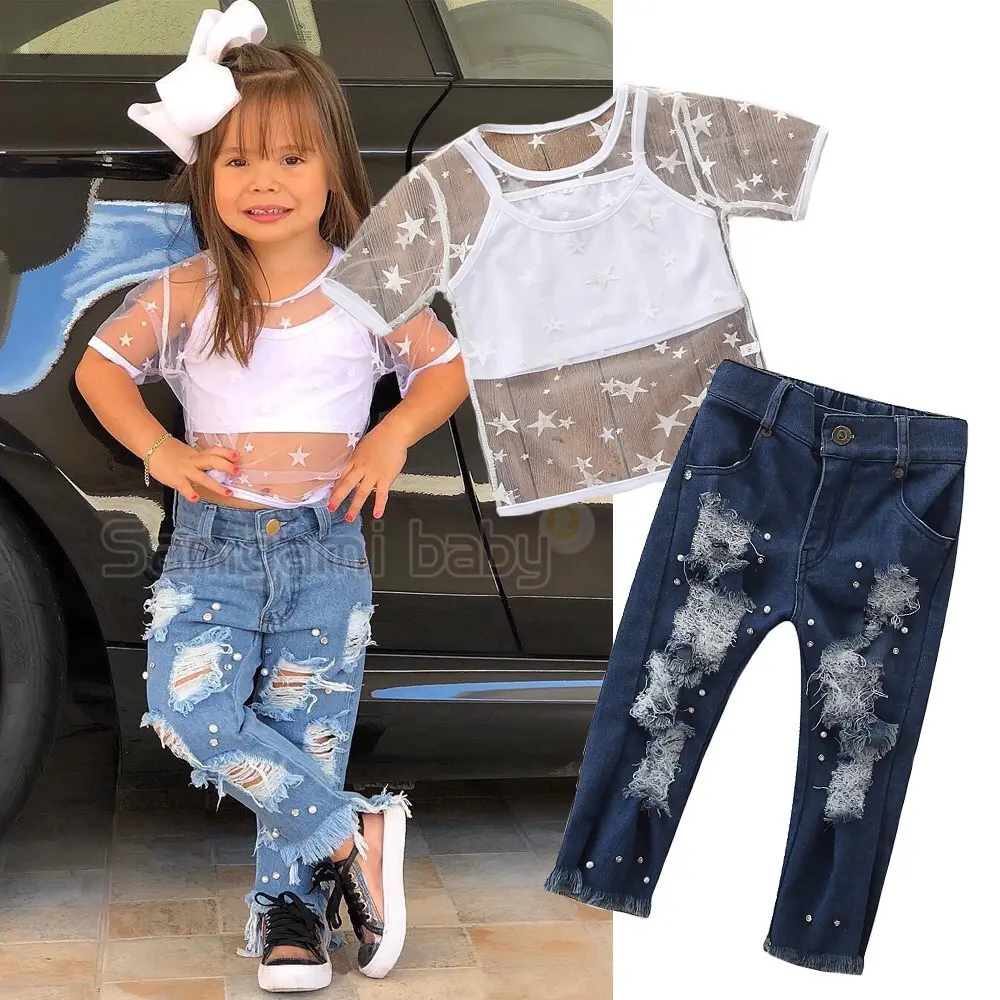 Yeni butik yaz toddler kız 3 adet giyim seti tül yıldız üst + yırtık kot pantolon giyim setleri