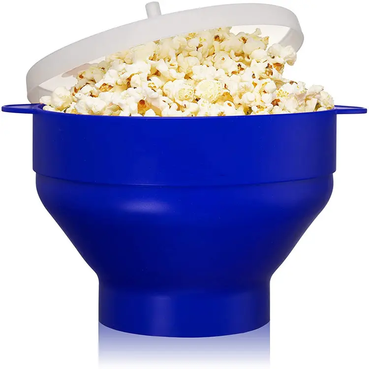 Tigela de popcorn de silicone, tigela de popcorn com alça, balde de popcorn dobrável, resistente a alta temperatura