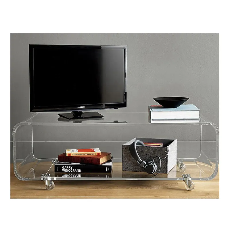 Porta TV in acrilico trasparente su ruote consolle mobile in acrilico scrivania da caffè in Lucite con ruote e ripiano