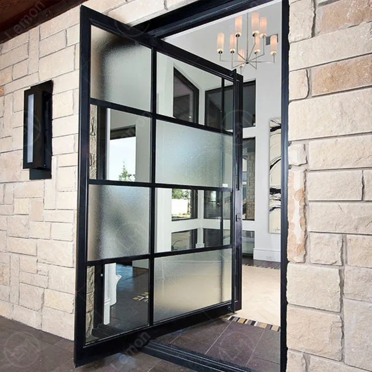 Puerta de vidrio de villa francesa, diseño de puertas exteriores de aluminio, hierro con parrilla de hierro de vidrio, puerta de entrada pivotante de diseño