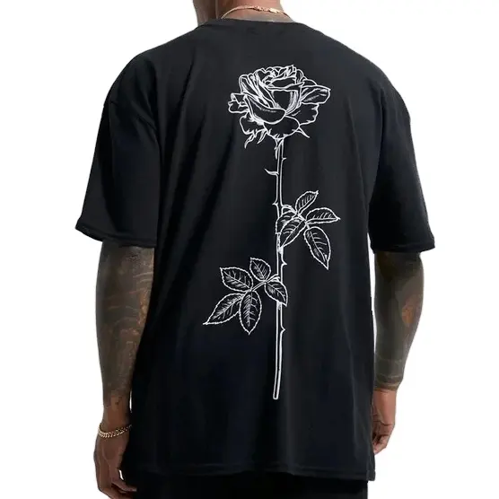 पुरुषों की ओवरसाइज़ टी-शर्ट 100% कॉटन हैवी 280 ग्राम हैवी लाइन ड्रॉ गुलाब स्टेम प्रिंट टी-शर्ट के साथ नई डिज़ाइन