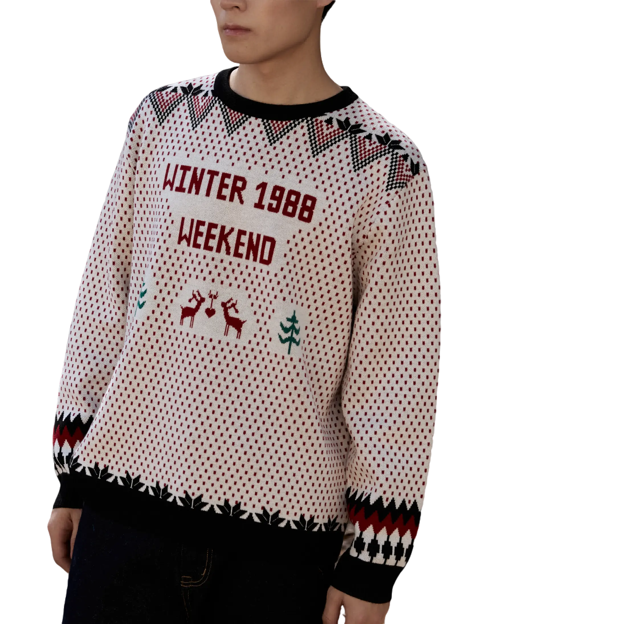 Sweater rajut 3d kustom Jacquard uniseks, pakaian kasual lengan panjang Natal leher kru Pullover Jacquard Sweater wol