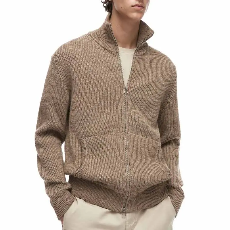 Tricot de marque, nouvelle usine personnalisée solide col montant Polo en laine mélangée tricot zippé hommes pull Cardigan avec poches