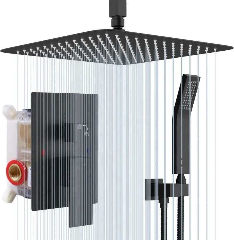 Sistema de ducha de techo de 12 pulgadas, conjunto de ducha montado en el empotrado, negro, con cabezal de ducha de lluvia, acero inoxidable, cuadrado de 30x30 cm