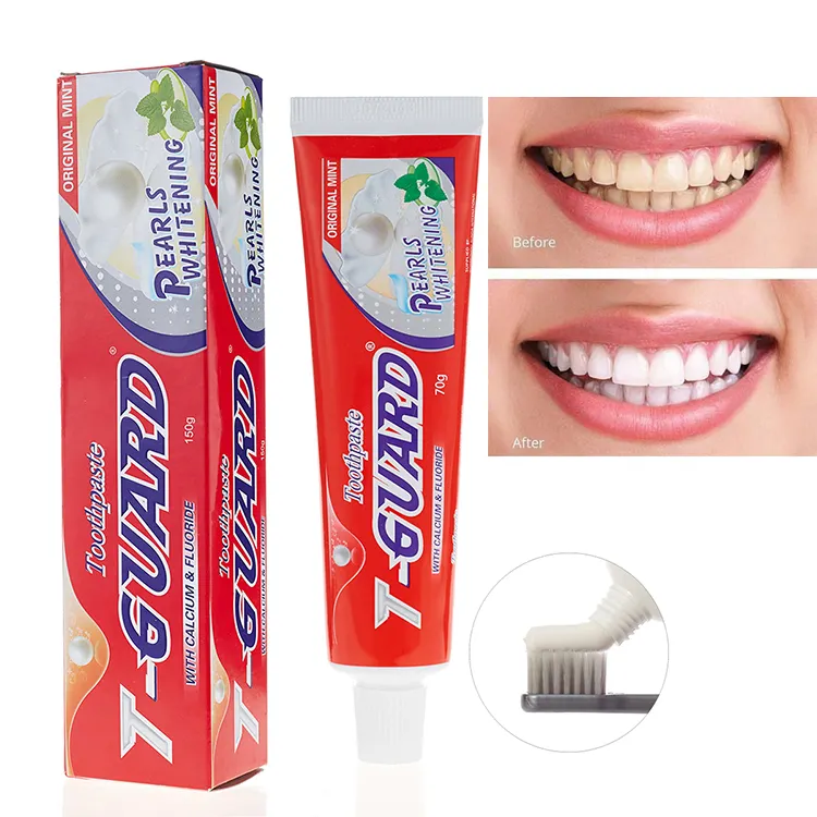 Venta al por mayor etiqueta privada personalizada barato Pearl White blanqueamiento dental fluoruro menta pasta de dientes