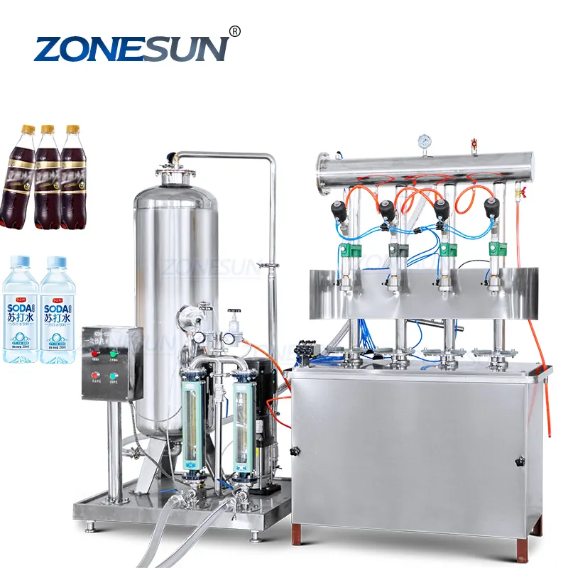 Zonesun ZS-CF4 bebidas semi-automáticas, 4 cabeças carbonadas, vinho brilhante, cerveja, refrigerante, água, líquido, isobar, máquina de enchimento com misturador