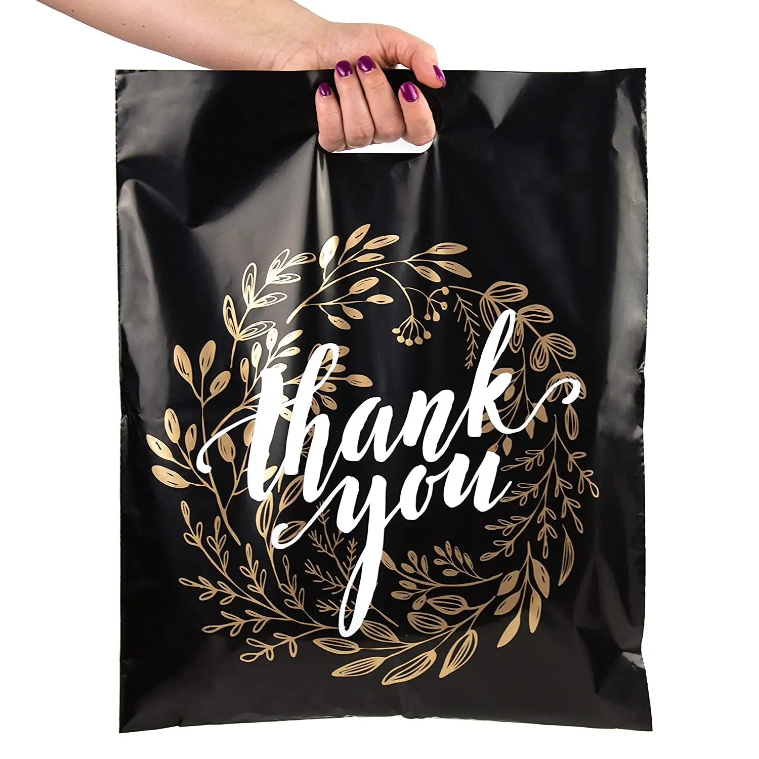 Bolsa de plástico para compras, sacos de mercadoria pretos personalizados, graças para compras charmoso