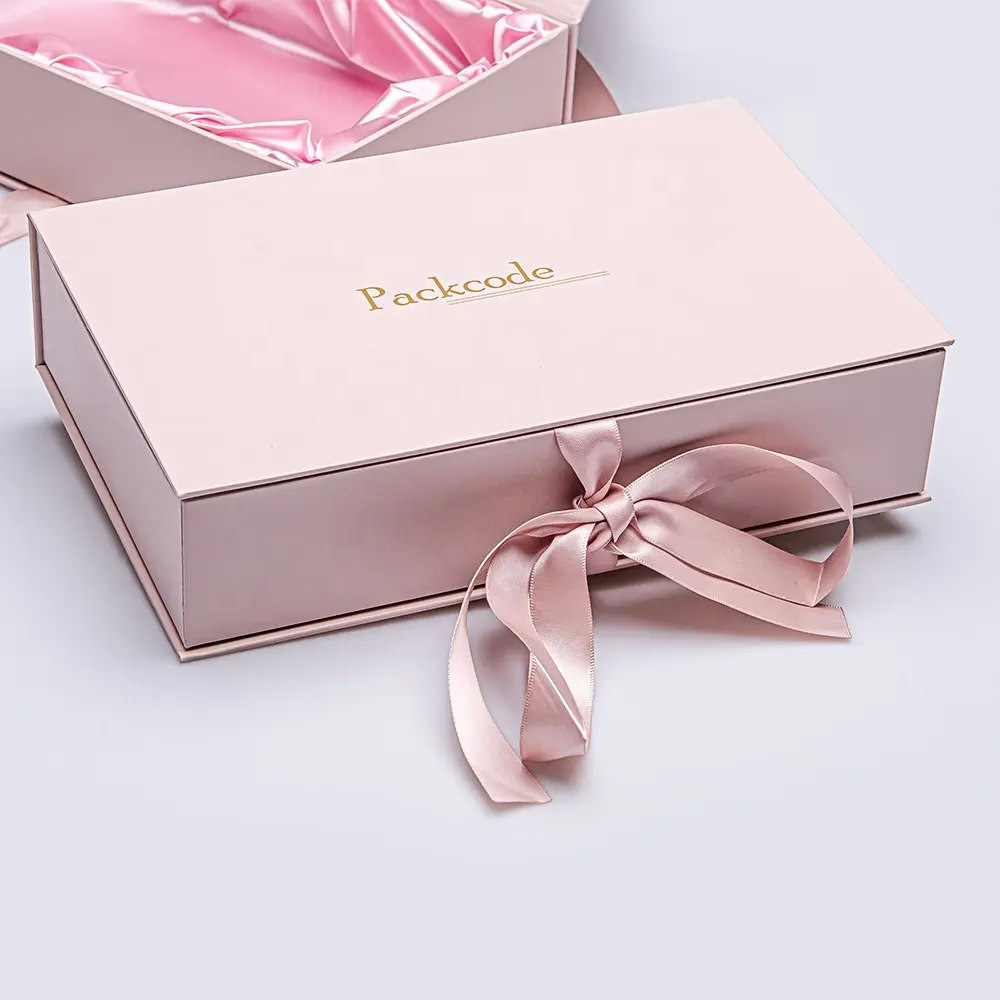 Personalizado impresso rosa rígido plano dobrável embalagem papel feliz aniversário caixa de presente com fita encerramento